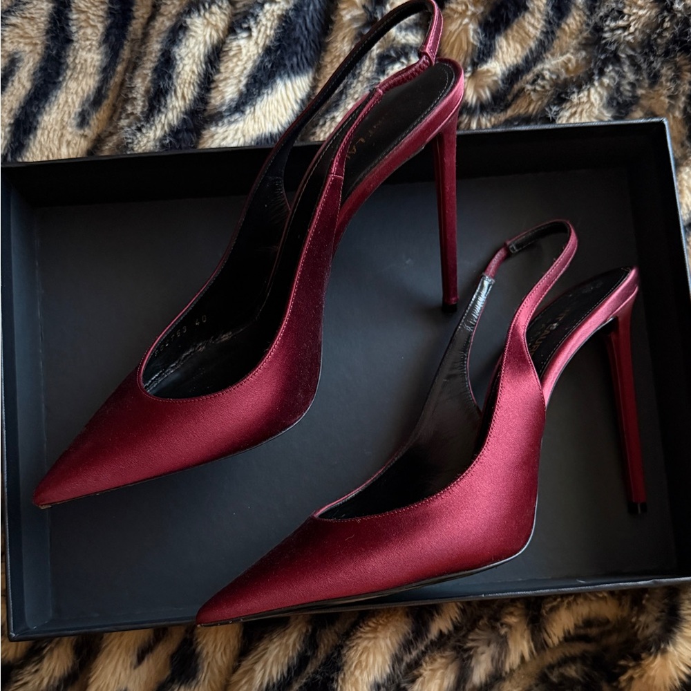 Yves Saint Laurent Burgundy Satin Pointed Slingback Stiletto Heels